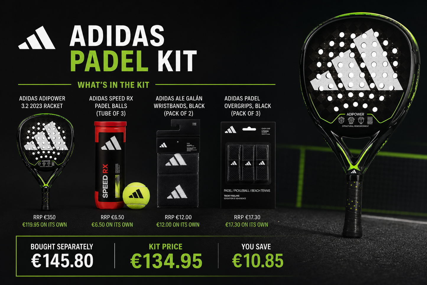 Adidas All-Black Starter Kit — Racket, Balls, Wristbands & Grips
